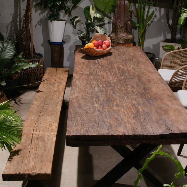 Natural Outdoor Wood Dining Table – Rustic Solid Wood Outdoor Bench Set | BA144