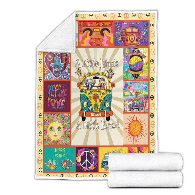 Hippie Fleece Blanket Peace and Love – Retro Van Boho Throw, Psychedelic 70s Art