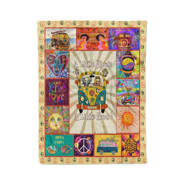 Hippie Fleece Blanket Peace and Love – Retro Van Boho Throw, Psychedelic 70s Art