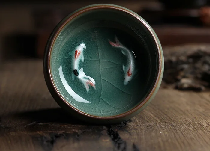Celadon Crackle Glaze Tea Cup With Koi Fish
