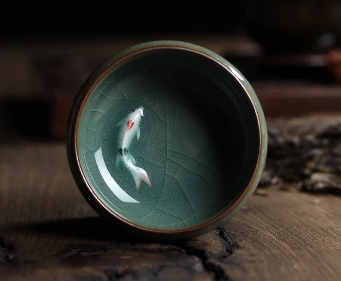 Celadon Crackle Glaze Tea Cup With Koi Fish
