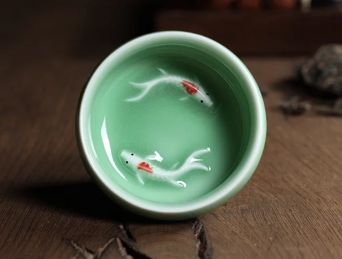 Celadon Crackle Glaze Tea Cup With Koi Fish