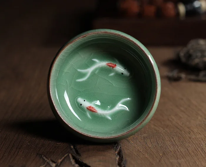 Celadon Crackle Glaze Tea Cup With Koi Fish