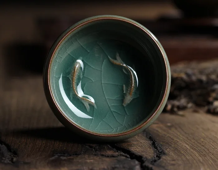 Celadon Crackle Glaze Tea Cup With Koi Fish
