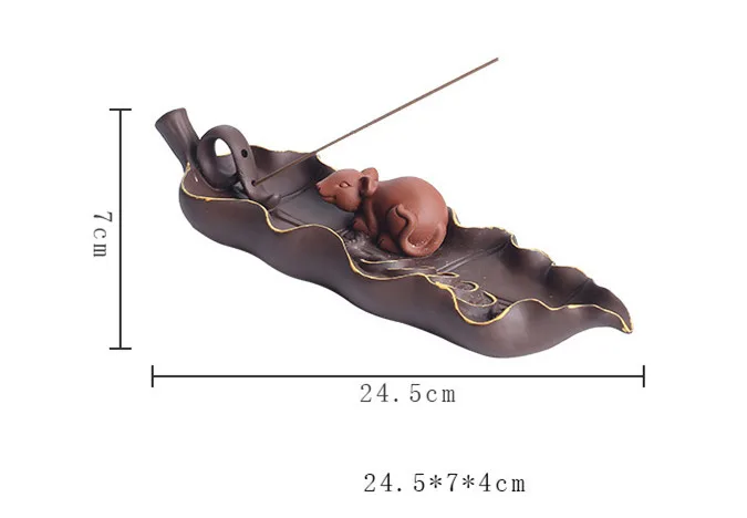 Clay Leaf Incense Stick Burner With Mouse Figure