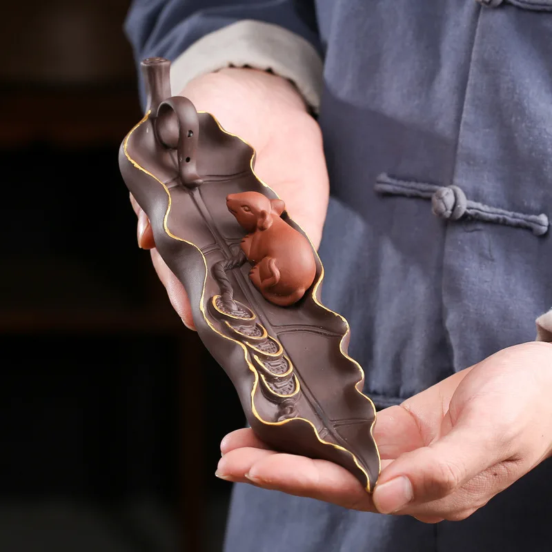 Clay Leaf Incense Stick Burner With Mouse Figure