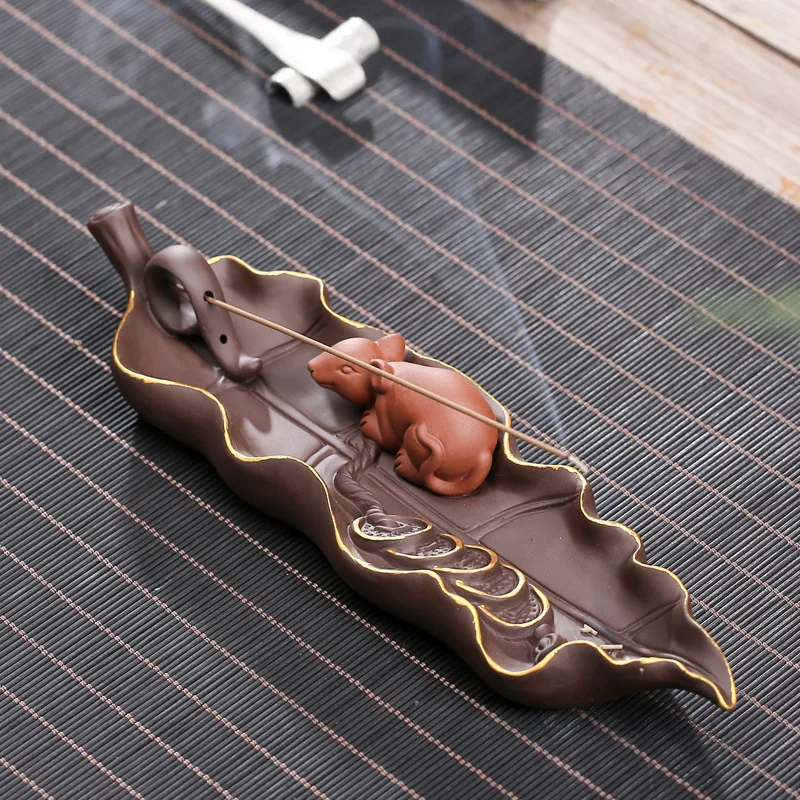 Clay Leaf Incense Stick Burner With Mouse Figure