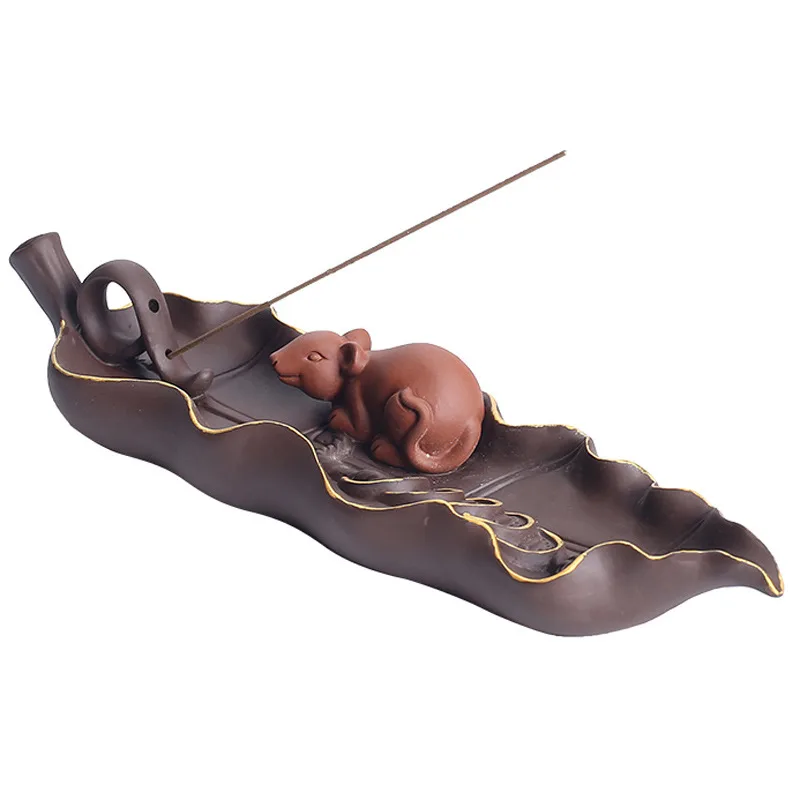 Clay Leaf Incense Stick Burner With Mouse Figure