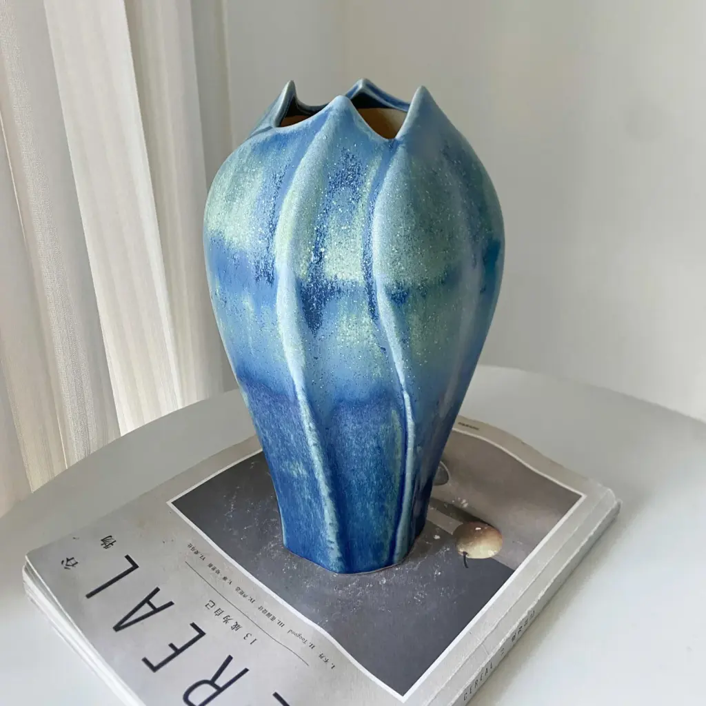 Flower Bud Ceramic Vase With Flowing Blue Glaze