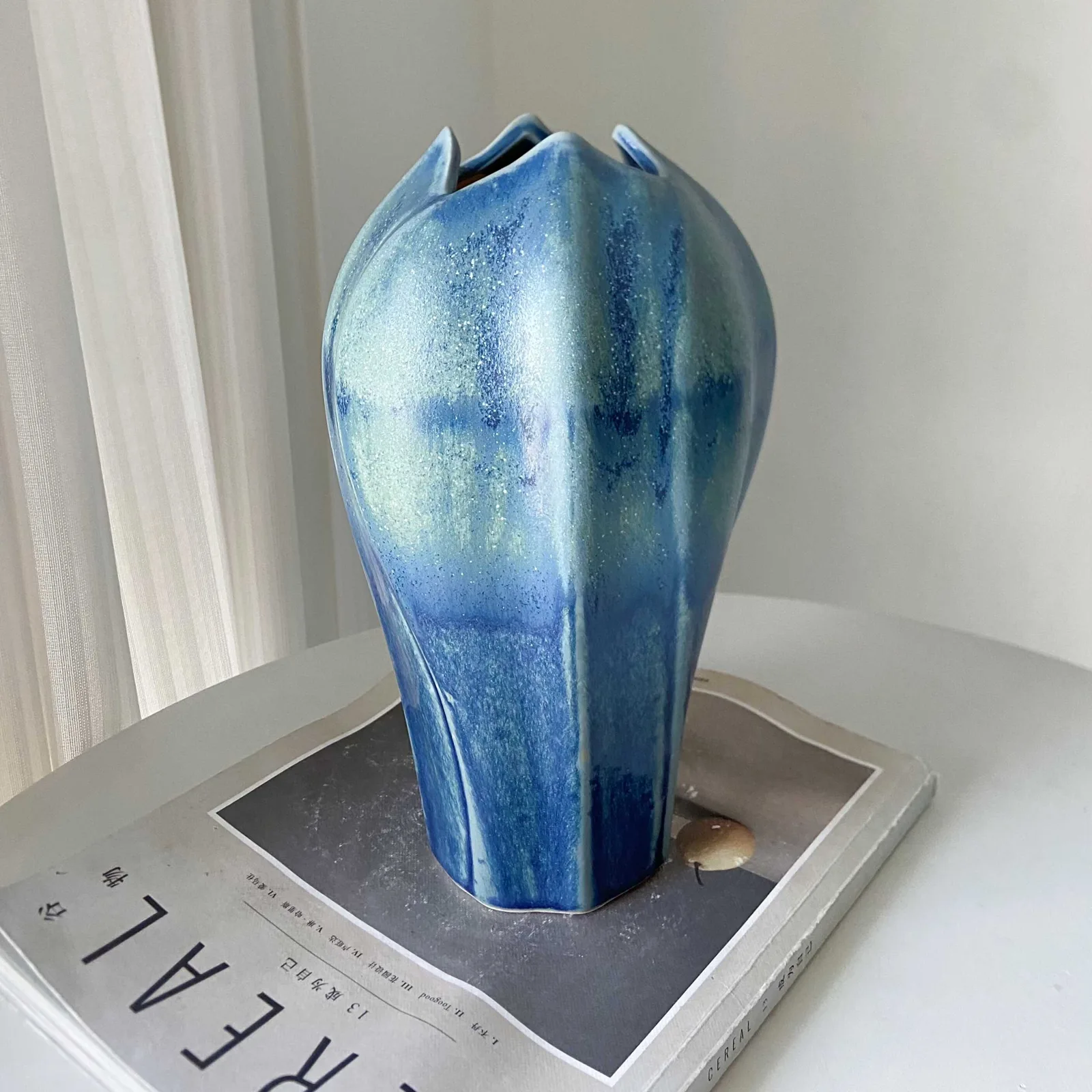Flower Bud Ceramic Vase With Flowing Blue Glaze