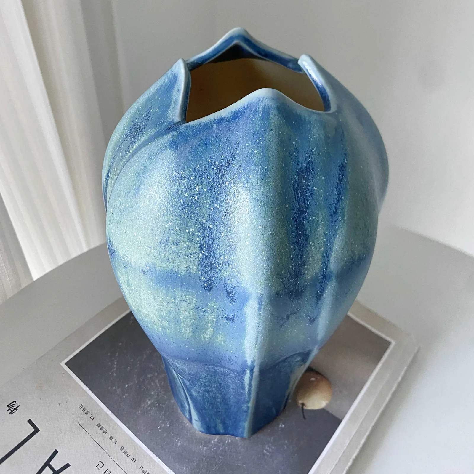 Flower Bud Ceramic Vase With Flowing Blue Glaze
