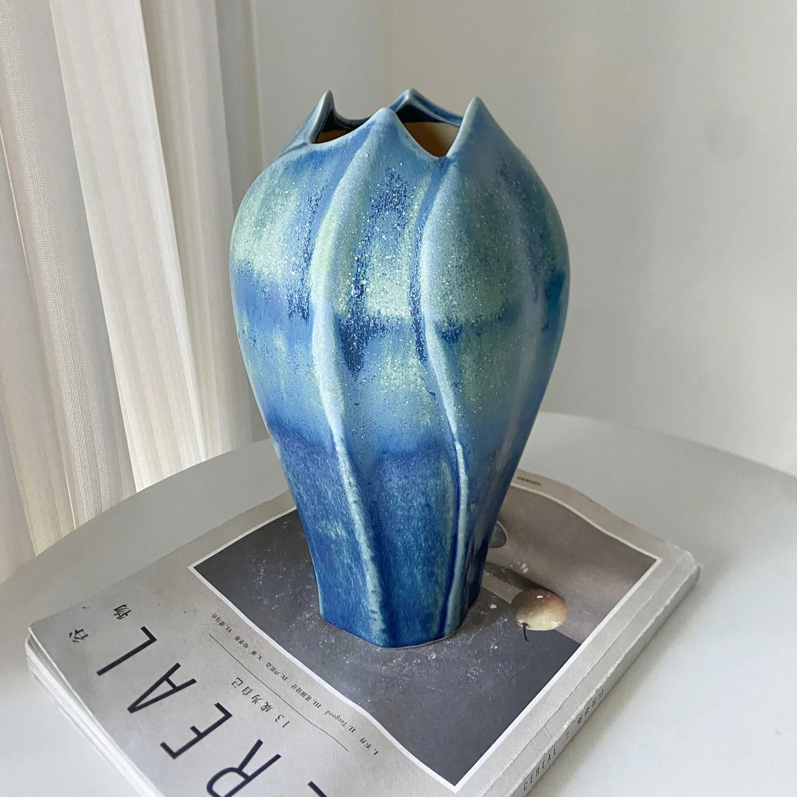 Flower Bud Ceramic Vase With Flowing Blue Glaze