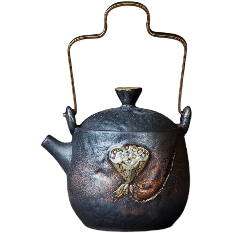 Hand Glazed Pottery Teapot With Metal Handle