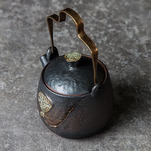 Hand Glazed Pottery Teapot With Metal Handle