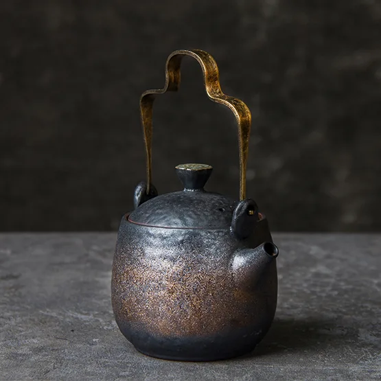 Hand Glazed Pottery Teapot With Metal Handle