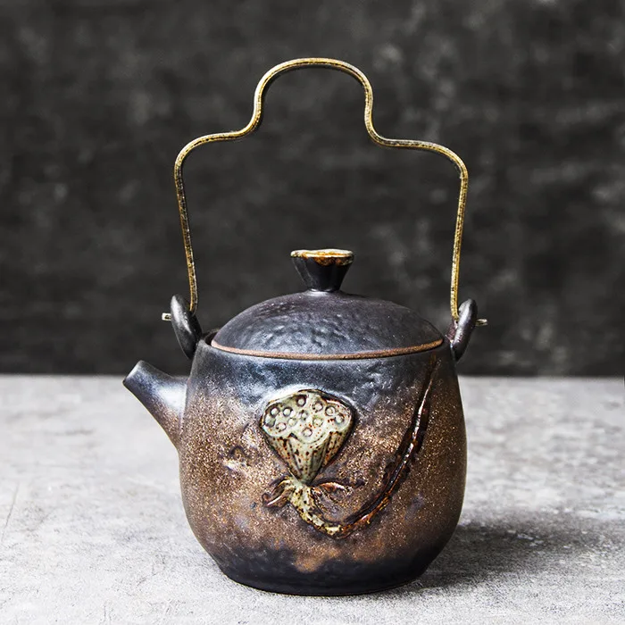 Hand Glazed Pottery Teapot With Metal Handle