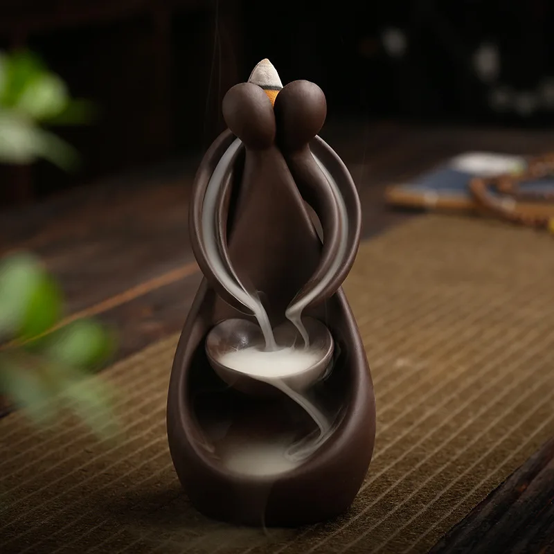 Handmade Clay Backflow Incense Burner Embracing Figures