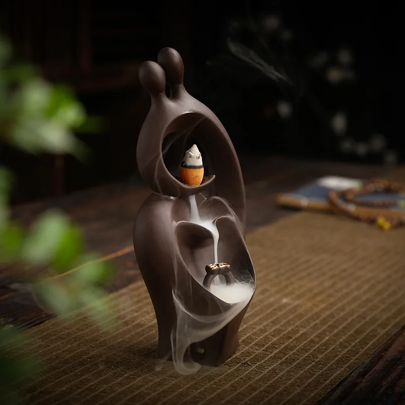 Handmade Clay Backflow Incense Burner Embracing Figures