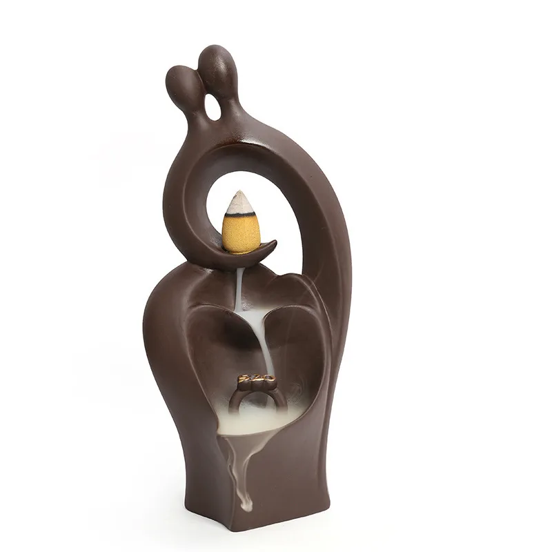 Handmade Clay Backflow Incense Burner Embracing Figures