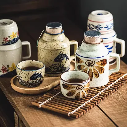 Japanese Style Ceramic Pot And Cup Set Hand Painted
