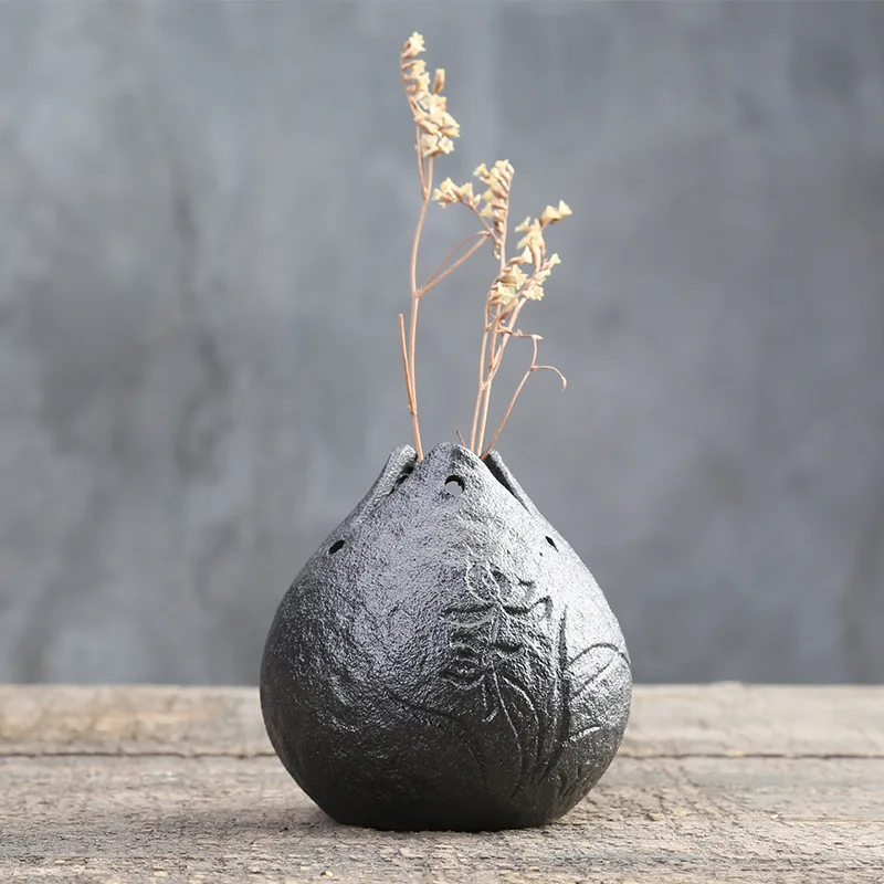 Small Handmade Stoneware Bud Vase Textured Black