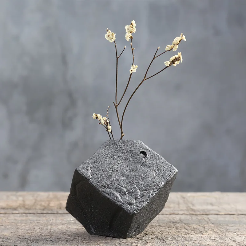 Small Handmade Stoneware Bud Vase Textured Black