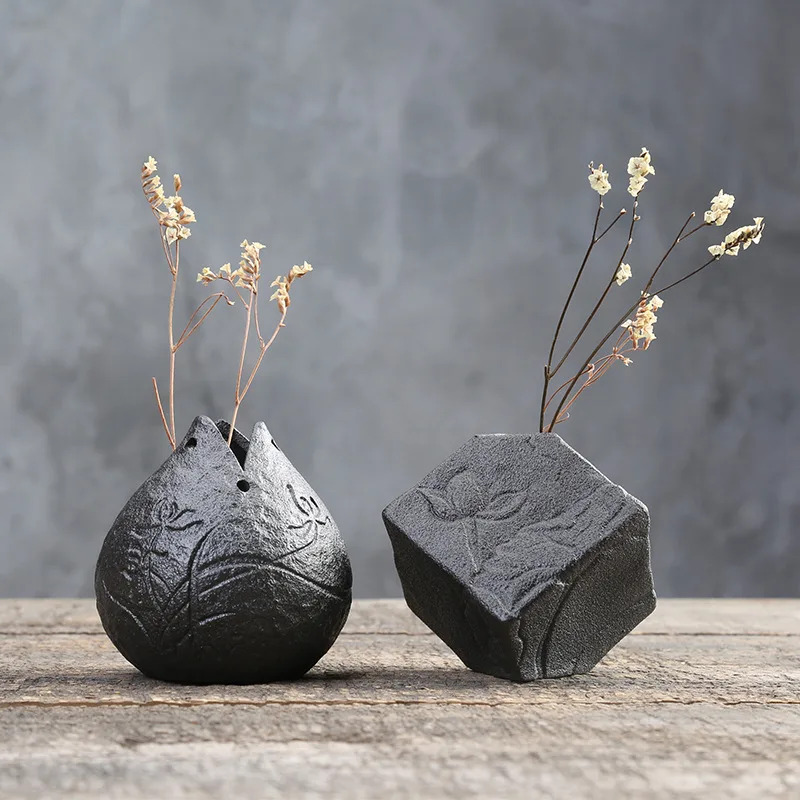Small Handmade Stoneware Bud Vase Textured Black
