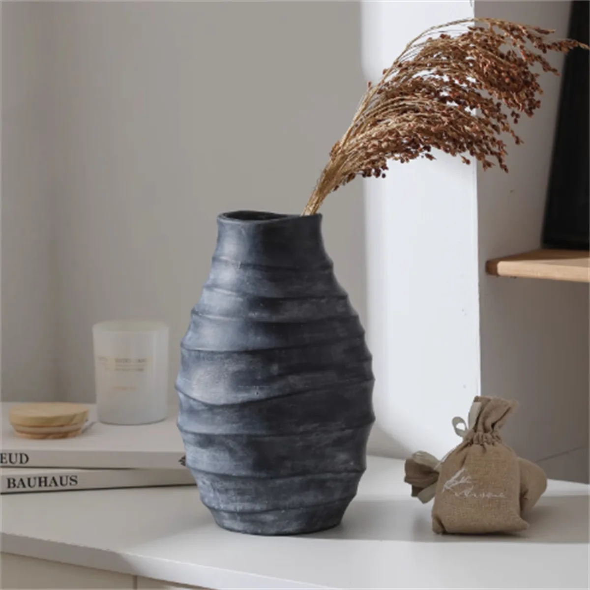 Textured Stoneware Look Ceramic Vase Black Or White