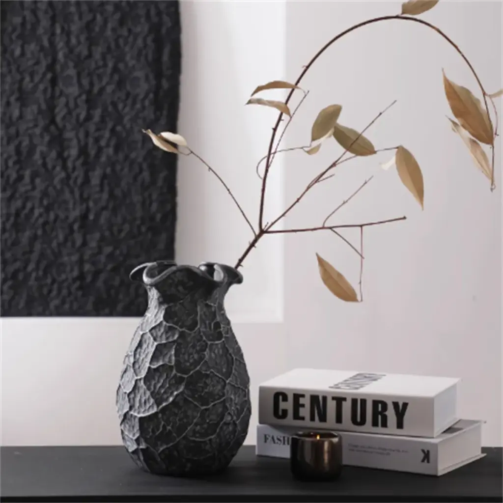 Wabi Sabi Pebble Texture Ceramic Vase With Ruffled Rim