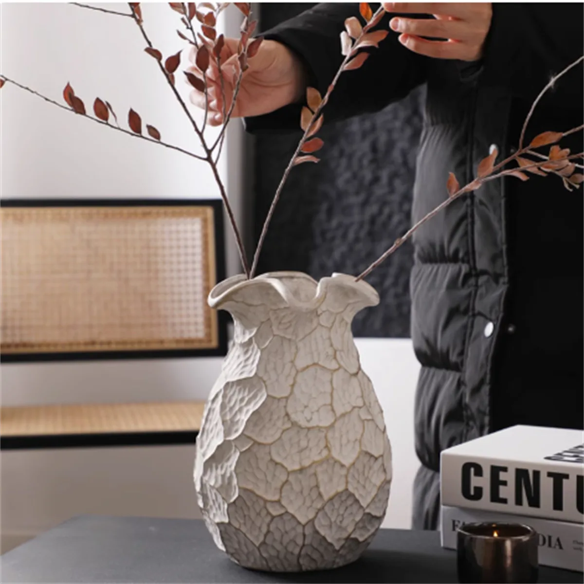 Wabi Sabi Pebble Texture Ceramic Vase With Ruffled Rim