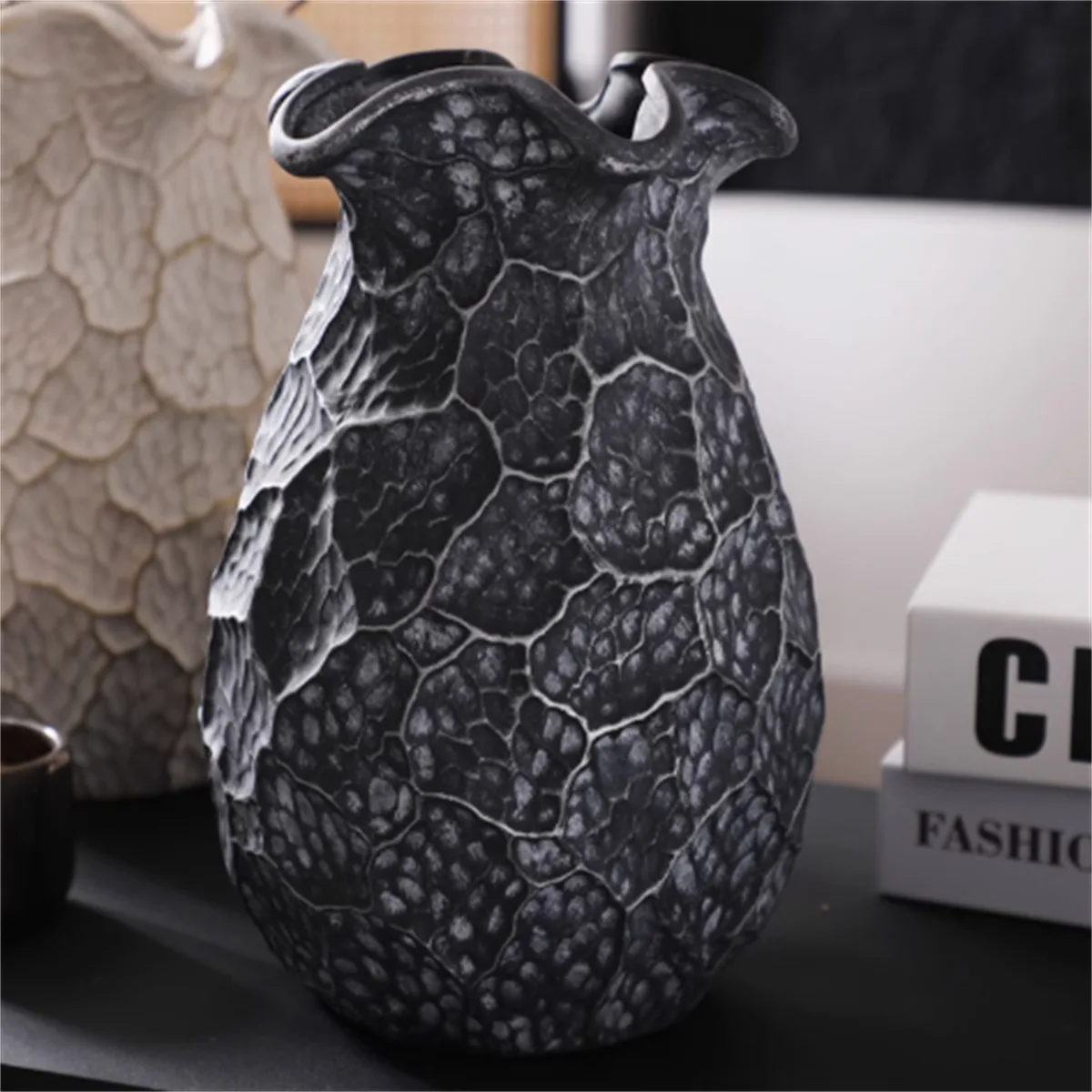 Wabi Sabi Pebble Texture Ceramic Vase With Ruffled Rim