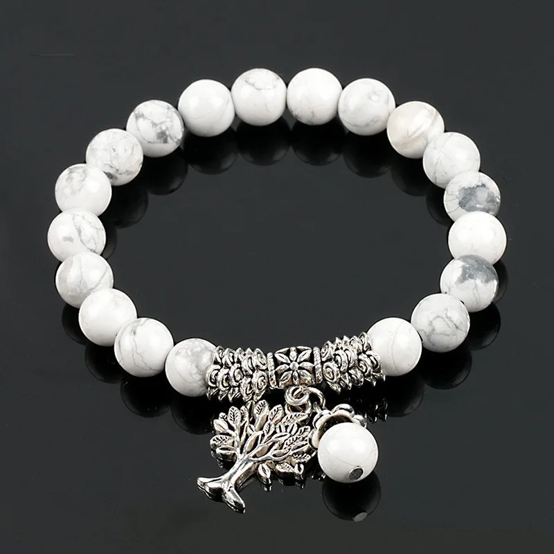 White Bead Bracelet With Tree Charm